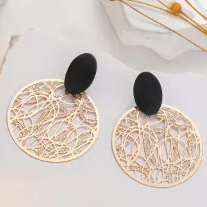 Women Fashion Retro Hollow Abstract Geometric Line Round Metal Earrings