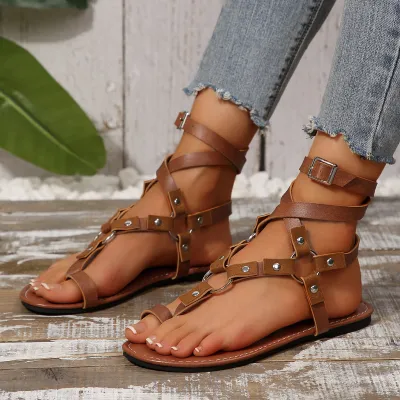 Summer Women Fashion Plus Size Floral Decorative Round Toe Flat Thong Sandals
