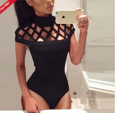 Women Fashion Sexy Solid Color Hollow-Out Short-Sleeve Bodysuit