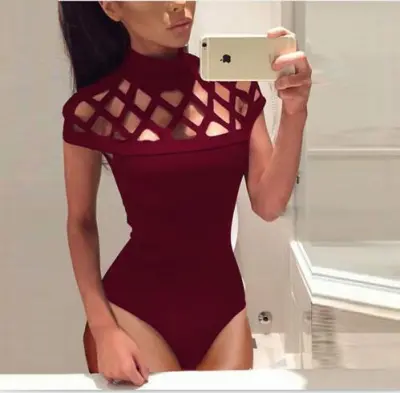 Women Fashion Sexy Solid Color Hollow-Out Short-Sleeve Bodysuit