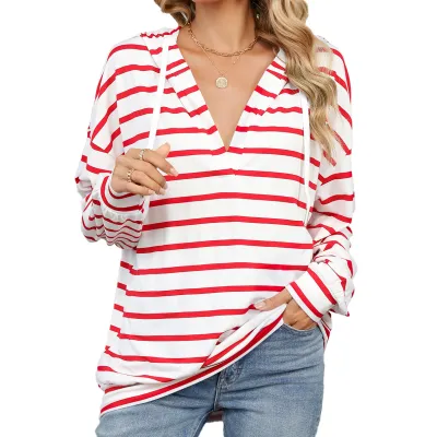 Women Casual Stripe V-Neck Long Sleeve Loose Hoodies