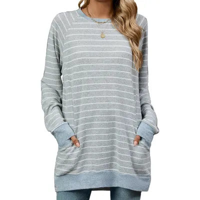 Women Casual Stripe Contrast Color Round Neck Long Sleeve Pocket Sweatshirt
