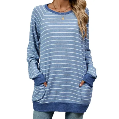 Women Casual Stripe Contrast Color Round Neck Long Sleeve Pocket Sweatshirt