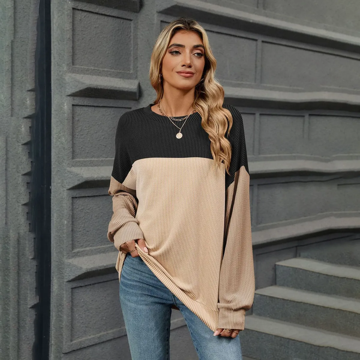 Women Casual Contrast Color Round-Neck Long-Sleeve Pullover Sweatshirt