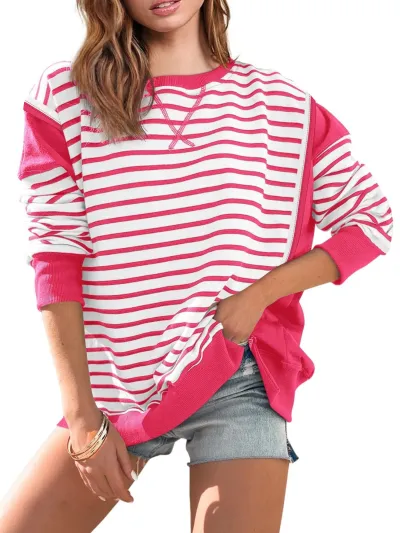 Women Casual Stripe Color-Block Round Neck Long-Sleeve Pullover Sweatshirt