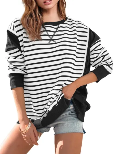 Women Casual Stripe Color-Block Round Neck Long-Sleeve Pullover Sweatshirt