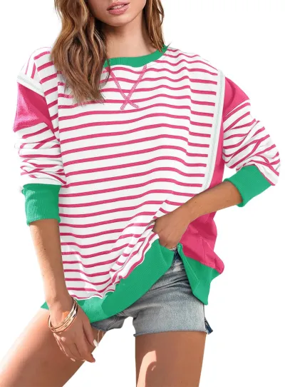 Women Casual Stripe Color-Block Round Neck Long-Sleeve Pullover Sweatshirt