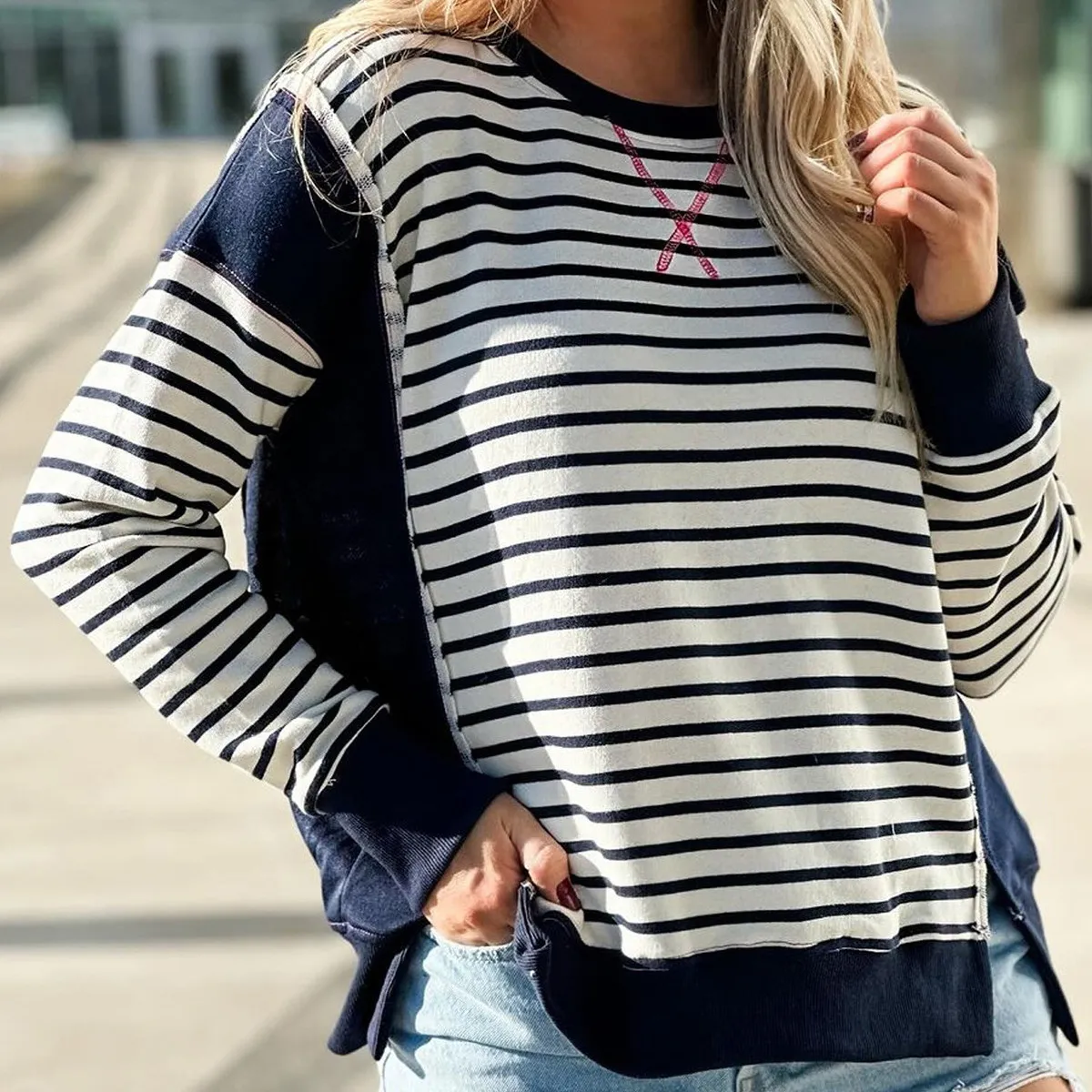 Women Casual Stripe Color-Block Round Neck Long-Sleeve Pullover Sweatshirt