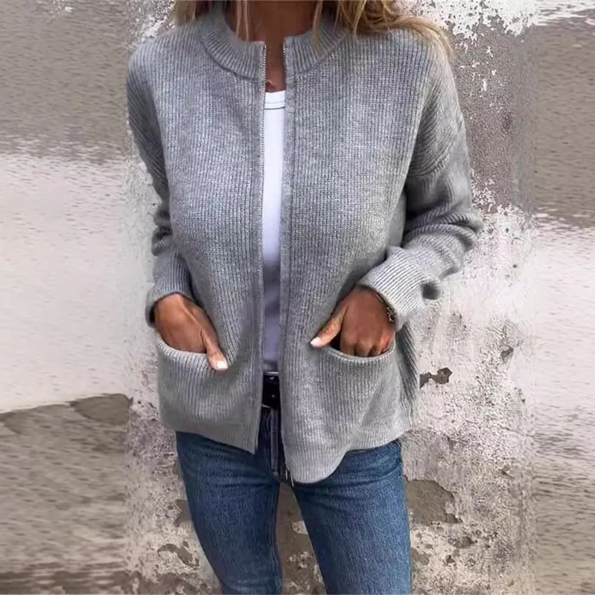 Women Casual Commuter Wind Solid Color Zipper Pocket Long-Sleeve Knitted Top