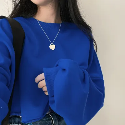 Women Casual Loose Fit Pullover Sweatshirt Solid Color Round Neck