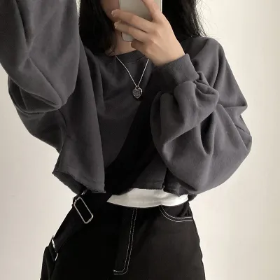 Women Casual Loose Fit Pullover Sweatshirt Solid Color Round Neck