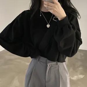 Women Casual Loose Fit Pullover Sweatshirt Solid Color Round Neck