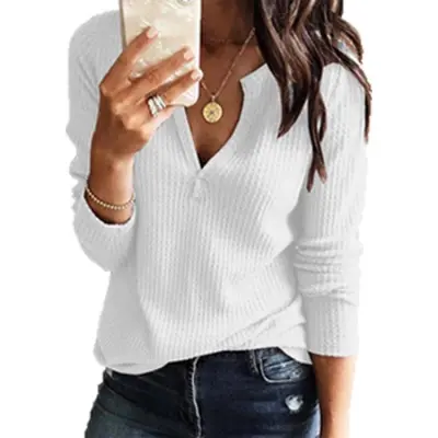 Women's Casual Waffle Knit V-Neck Long Sleeve Pullover Sweatshirt