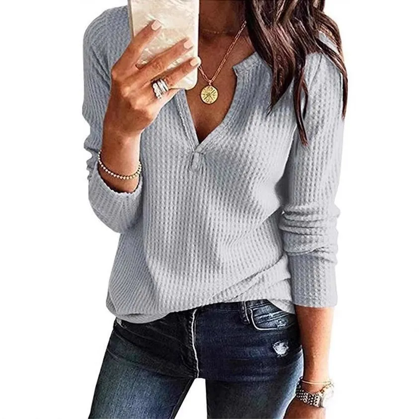Women's Casual Waffle Knit V-Neck Long Sleeve Pullover Sweatshirt