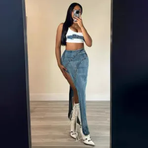 Women Fashion Sexy Irregular Slim Fit Split Stretch Denim Skirt