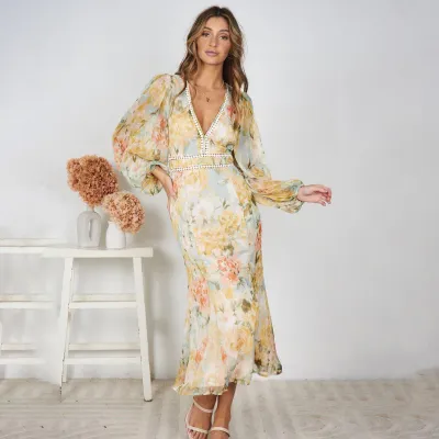 Women Elegant Irregular Floral Printed V-Neck Long-Sleeve Slim-Fit Chiffon Dress