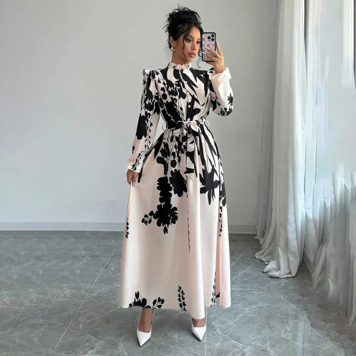 Women Elegant Floral Printed Long Sleeve Lace-Up Front Buckle Dress