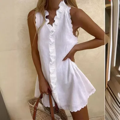 Women Casual Cotton Linen Solid Color Sleeveless Ruffled Mini Dress