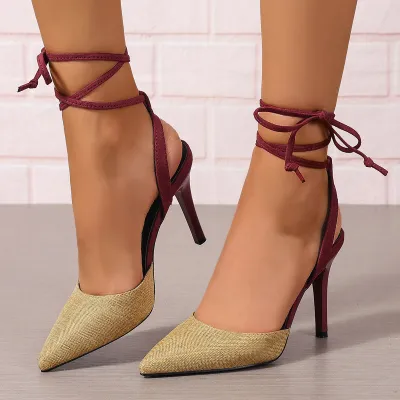 Women's Fashion Sexy Solid Color Pointed-Toe Lace-Up High Heel Shoes