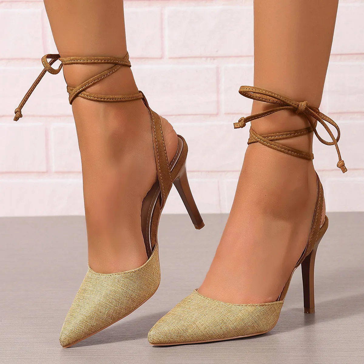 Women's Fashion Sexy Solid Color Pointed-Toe Lace-Up High Heel Shoes