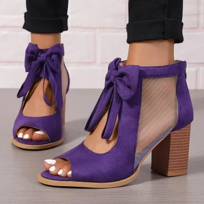 Women Elegant Mesh Hollow-Out Bowknot Peep-Toe Suede High Heels Shoes