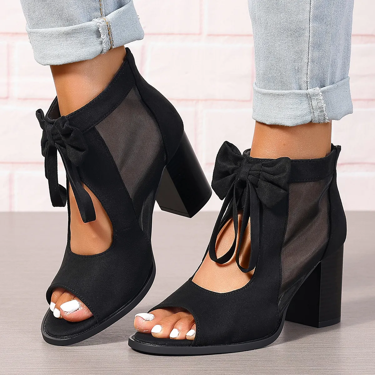 Women Elegant Mesh Hollow-Out Bowknot Peep-Toe Suede High Heels Shoes