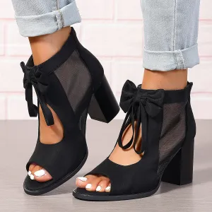 Women Elegant Mesh Hollow-Out Bowknot Peep-Toe Suede High Heels Shoes
