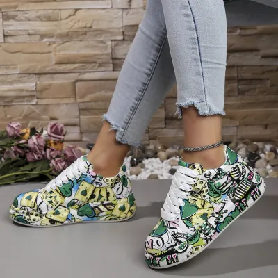 Women Fashion Casual Painted Graffiti Lace-Up Platform Sneakers