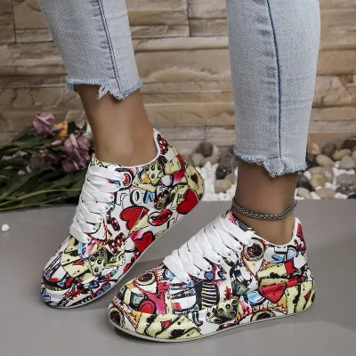 Women Fashion Casual Painted Graffiti Lace-Up Platform Sneakers