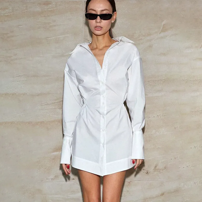 Women Elegant Lapel Long-Sleeve Slim Fit Shirt Dress