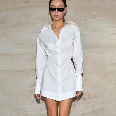 Women Elegant Lapel Long-Sleeve Slim Fit Shirt Dress