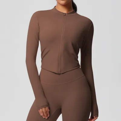 Women's Quick-Drying Yoga Sports Top with Zipper - Solid Color Long-Sleeve