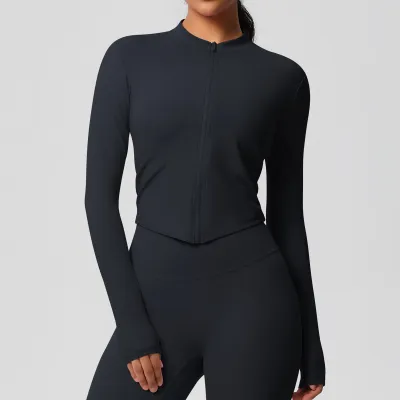 Women's Quick-Drying Yoga Sports Top with Zipper - Solid Color Long-Sleeve