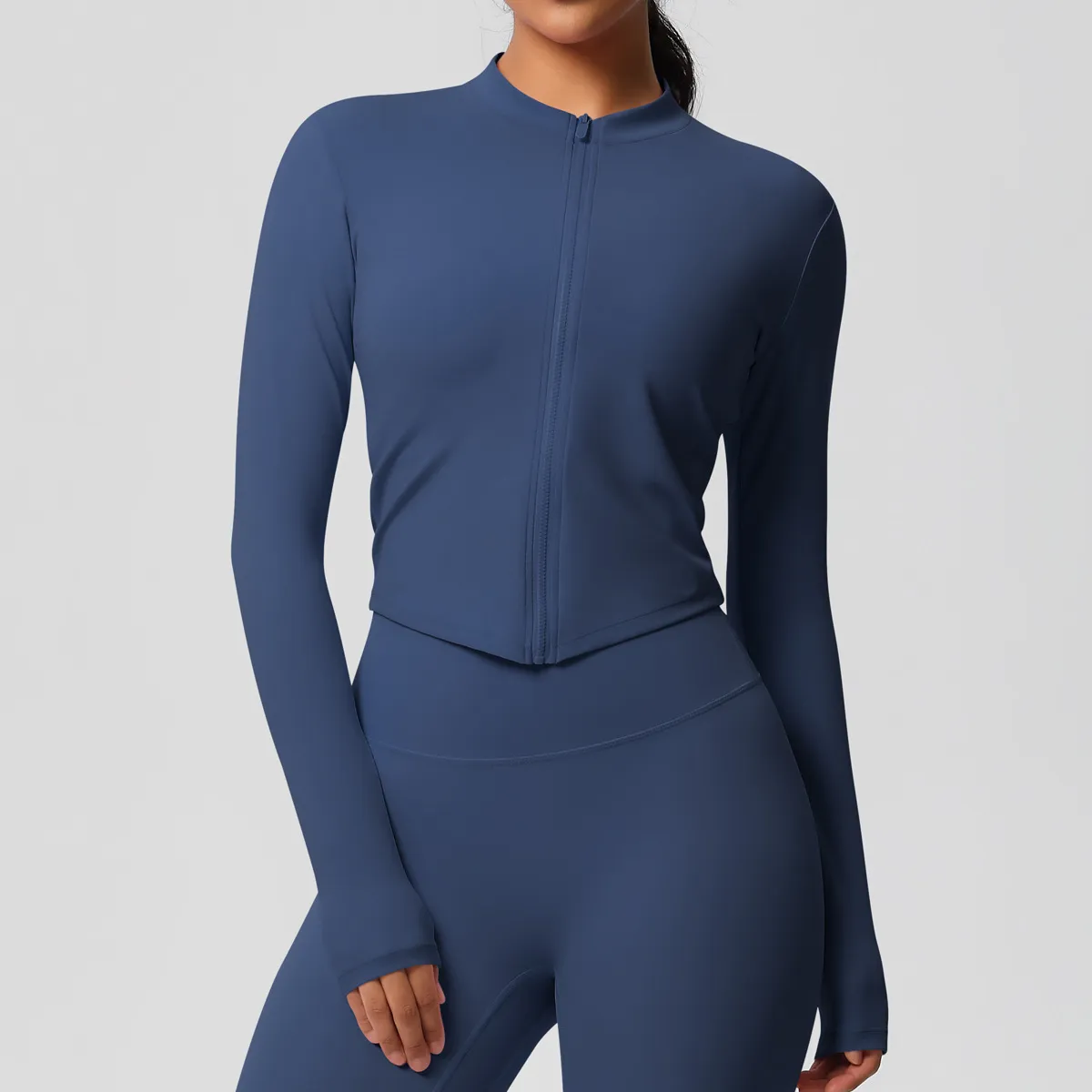 Women's Quick-Drying Yoga Sports Top with Zipper - Solid Color Long-Sleeve