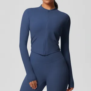 Women's Quick-Drying Yoga Sports Top with Zipper - Solid Color Long-Sleeve