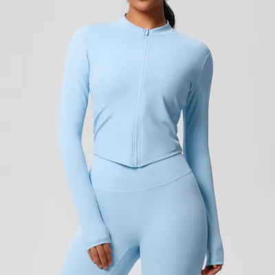 Women's Quick-Drying Yoga Sports Top with Zipper - Solid Color Long-Sleeve