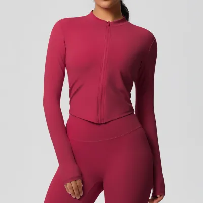 Women's Quick-Drying Yoga Sports Top with Zipper - Solid Color Long-Sleeve