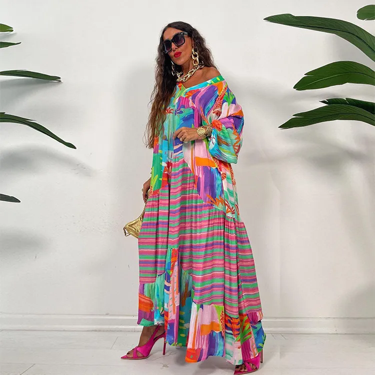 Oversized V-Neck Printed Long-Sleeved Loose Dress