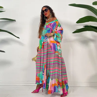 Oversized V-Neck Printed Long-Sleeved Loose Dress