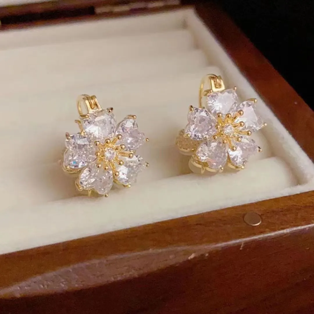 Women Fashion Elegant Double-Sided Floral Zircon Drop Earrings