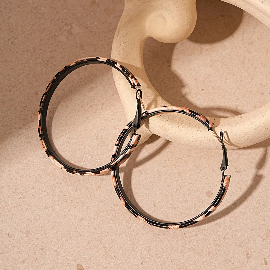 Women Retro Geometric Leopard Leather Large Circle Earrings