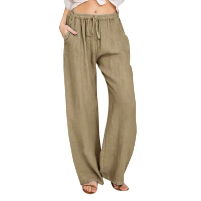 Women Casual Cotton Linen Loose Pants with Button Drawstring