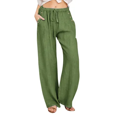 Women Casual Cotton Linen Loose Pants with Button Drawstring