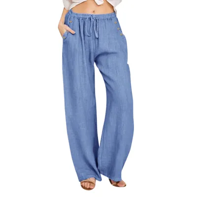 Women Casual Cotton Linen Loose Pants with Button Drawstring
