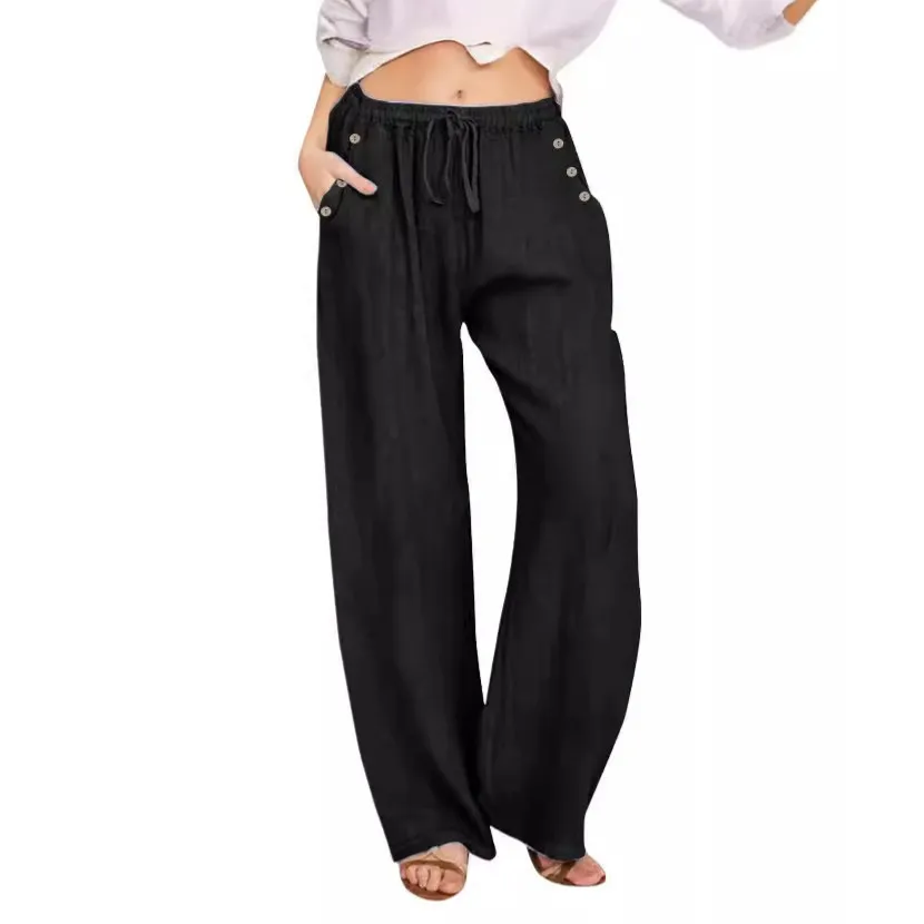 Women Casual Cotton Linen Loose Pants with Button Drawstring