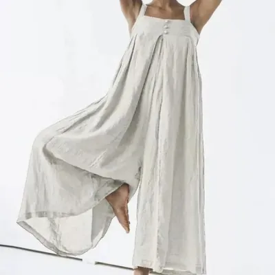 Women Casual Cotton Linen Suspenders Jumpsuit Sleeveless Loose Wide Leg