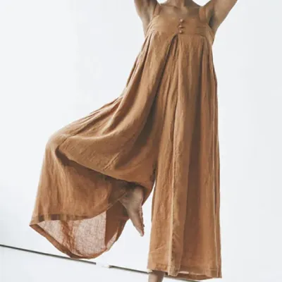 Women Casual Cotton Linen Suspenders Jumpsuit Sleeveless Loose Wide Leg