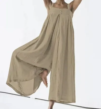 Women Casual Cotton Linen Suspenders Jumpsuit Sleeveless Loose Wide Leg