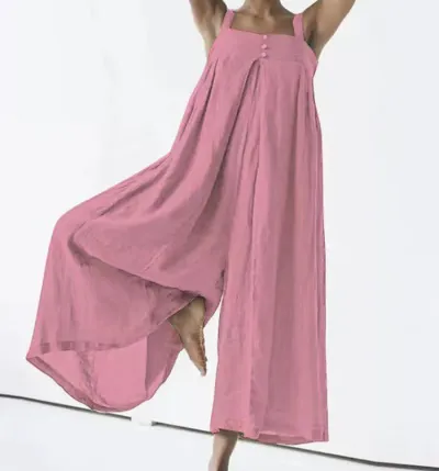 Women Casual Cotton Linen Suspenders Jumpsuit Sleeveless Loose Wide Leg