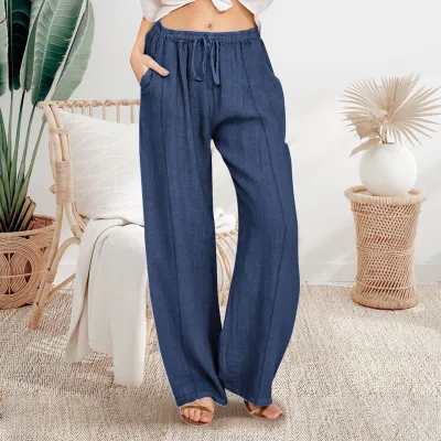 Women Casual Cotton Linen Loose Pants Solid Color